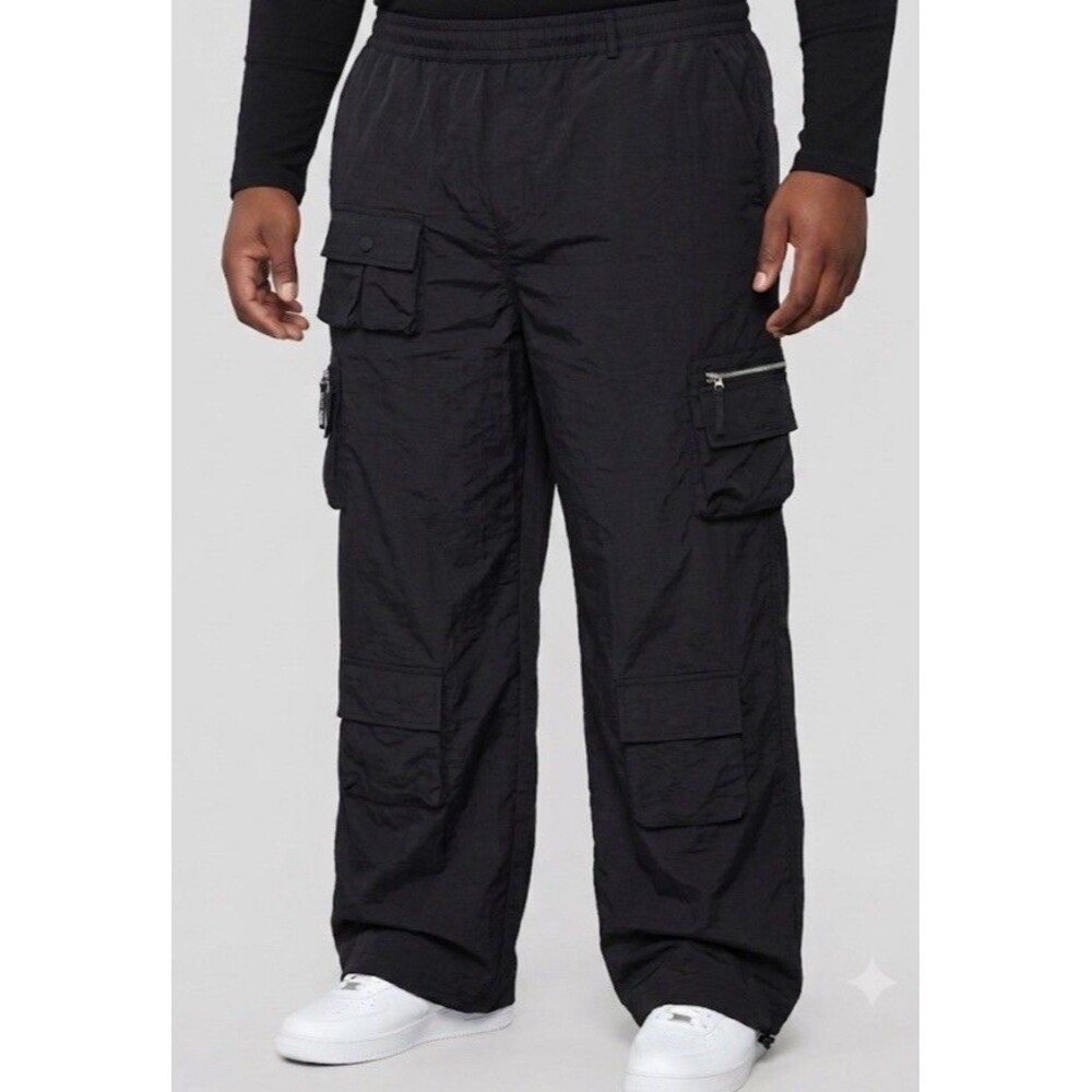Fashion Nova Men's XL Black Wide Leg Cargo Pants Techwear Track Joggers⁠ Cool